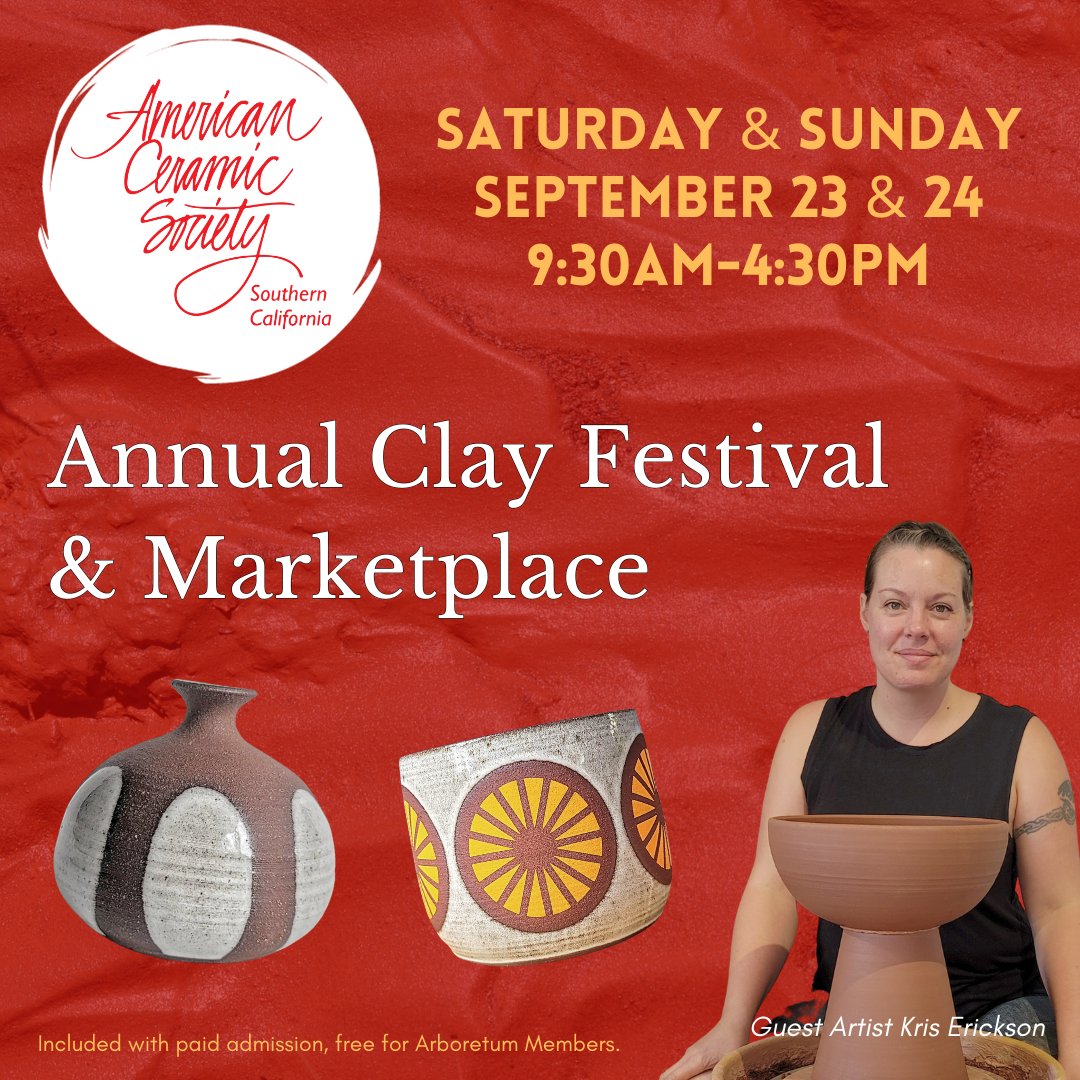 The American #Ceramic Society of Southern California brings its annual #Clay Festival and Marketplace to Ayres Hall on Saturday and Sunday, September 23-24, from 9:30pm to 4:30pm.

Included with paid admission, free for Arboretum members.

#ACS #Ceramics
