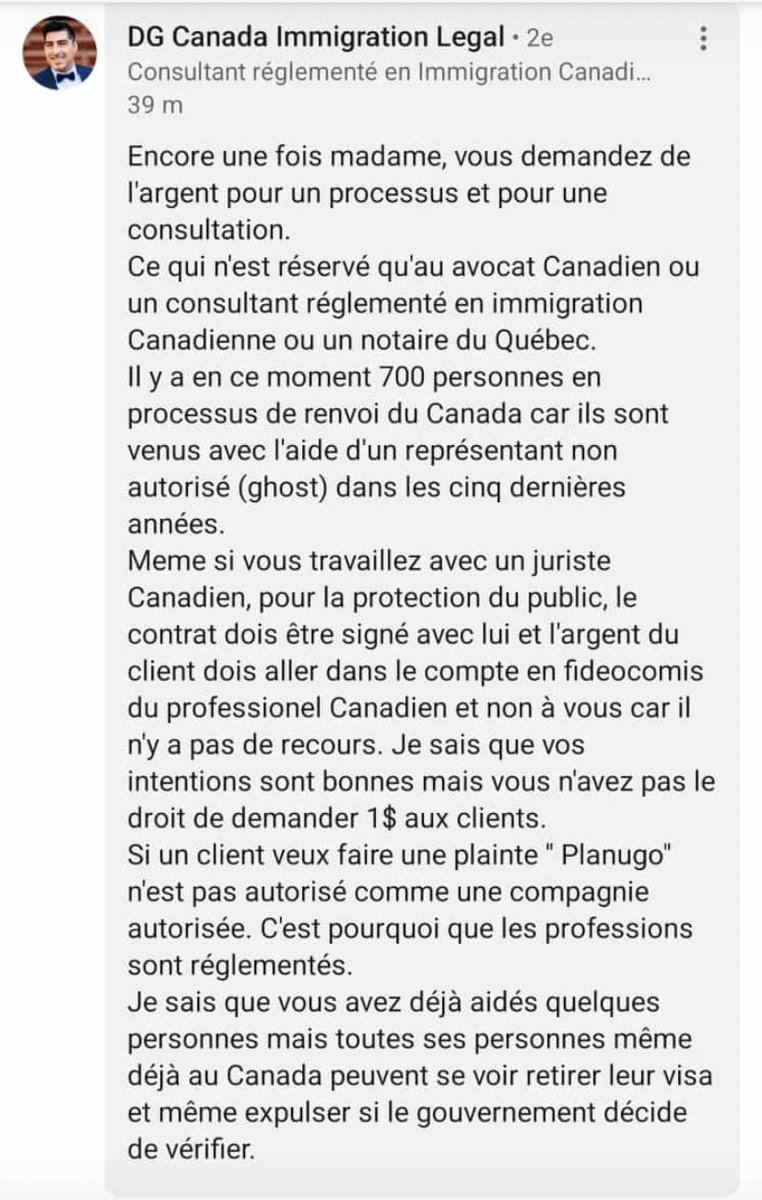 Écoutez, je sais qu’on est prêt à tout pour quitter ce pays. Mais de grâce, exigez de tous ceux qui se lancent ds le biz de l’immigration🇨🇦 de vous donner leur No de *consultant réglementé*. Le cas échéant, vous pourrez ensuite vérifier en ligne. 

Trop de schémas dans le secteur