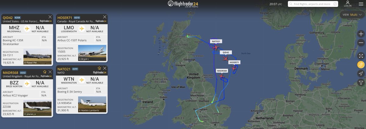 alternativewip's tweet photo. #NATO #USAF #RCAF #RAF heavies circling over the north sea, CC150T polaris, C135R stratotanker, KC2 voyager and E3 sentry awacs. #QID42 #HOSER71 #MADRS68 #NATO21 https://t.co/W5qd9HUjN9
