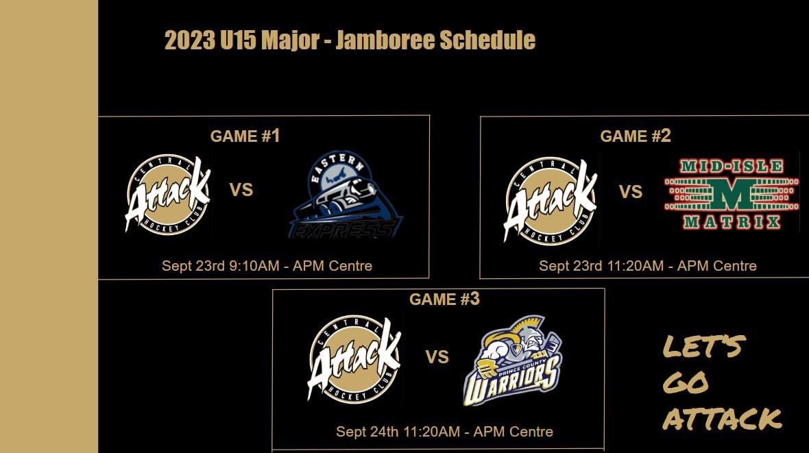 🚨U15 ATTACK HOCKEY IS BACK🚨

We are in the final phase of tryouts as the annual U15 Jamboree takes place this weekend September 23rd and 24th at the APM Centre in Cornwall.

Check out our weekend schedule below

Stay tuned for starting lineups and score updates
#AttackHockey