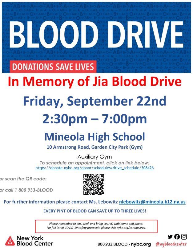 Come out tomorrow to support the <a href="/mineolahs/">Mineola High School</a> Class of 2025 Blood Drive in Memory of Jia. Use the links in the flyers to sign up during the school day (learners/faculty) or after school (open to the community). #BeKindLikeJia