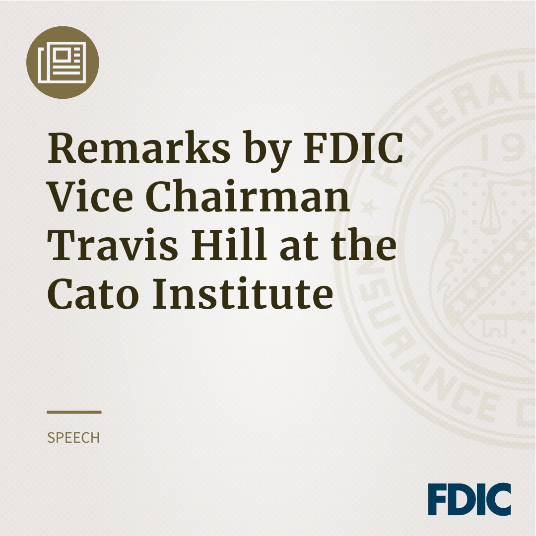 Today, Vice Chairman Travis Hill joined @CatoEvents to discuss his insights on the Corporation’s agenda. Read his full remarks ➡️ fdic.gov/news/speeches/….