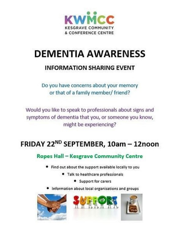 Tomorrow you will find us at <a href="/KWMCCKesComm/">Kesgrave Community and Conference Centre (KWMCC)</a> in Kesgrave, between 10am-12pm for their Dementia Awareness Information Sharing Event. 

#WorldAlzheimersDay #dementia #alzheimers #hearingloss #hearinghealth #suffolk #ipswich #audiologist #localcommunity