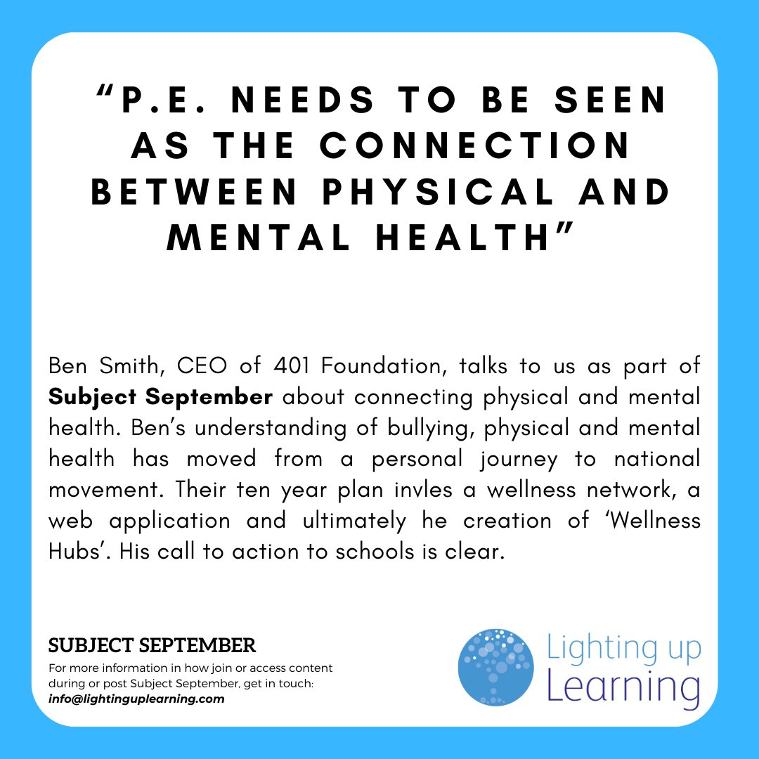 lightinguplearn's tweet photo. We’re really looking forward to talking to Ben Smith, founder and CEO of @401foundation, tomorrow. Join us to hear Ben’s call to action.
#PE #mentalhealth https://t.co/J1BiZmV4zO