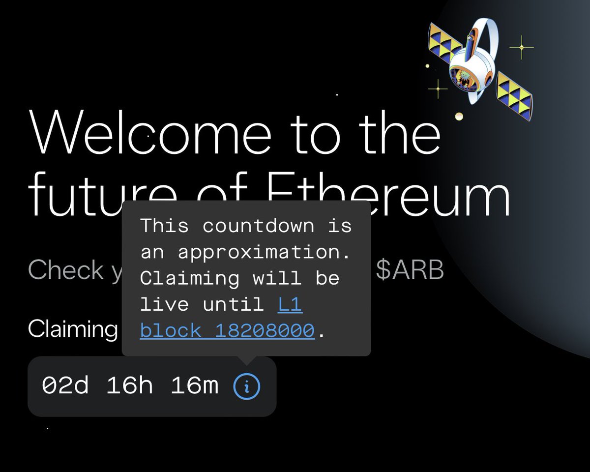 arbitrum's tweet photo. It’s been an incredibly productive 
~6 months since the #ArbitrumDAO started! 💙🧡

There’s 2 days | 16 hours | 16 mins until all unclaimed ARB tokens are sent to the DAO treasury.

Approx @ethereum block 18208000

We will publish the details once it occurs. https://t.co/pNGwU1rRNG