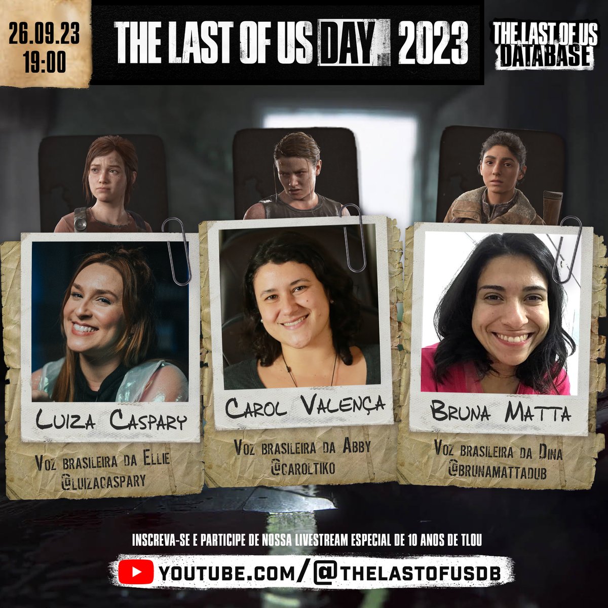 THE LAST OF US Database (@thelastofusdb) on Twitter photo Com muito orgulho que divulgamos a primeira atração do The Last of Us Day com DATABASE 🌿🍄
Dia 26/09 às 19h conversaremos com as maravilhosas <a href="/luizacaspary/">Luiza Caspary | Ellie’s voice actress BR 🇧🇷</a>, <a href="/carolvalencadub/">Carol Valença</a> e <a href="/BrunaMattadub/">Bruna Matta</a> no nosso canal do yt numa live super divertida e informativa! VEM JUNTO 🦒 Com muito orgulho que divulgamos a primeira atração do The Last of Us Day com DATABASE 🌿🍄
Dia 26/09 às 19h conversaremos com as maravilhosas <a href="/luizacaspary/">Luiza Caspary | Ellie’s voice actress BR 🇧🇷</a>, <a href="/carolvalencadub/">Carol Valença</a> e <a href="/BrunaMattadub/">Bruna Matta</a> no nosso canal do yt numa live super divertida e informativa! VEM JUNTO 🦒