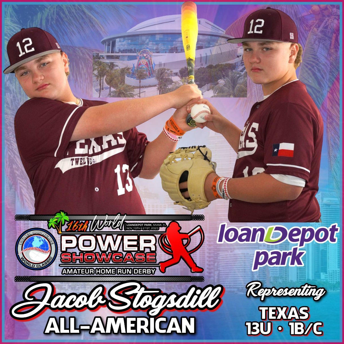 The POWER SHOWCASE World Classic is proud to announce that Top National (C/3B/2B) Prospect - ‘28 Jacob Stogsdill - will proudly represent Texas, during the renowned HR Derby &amp; Rookies Classic Game, being held at loanDepot Park, home to the Miami Marlins, from November 19th -