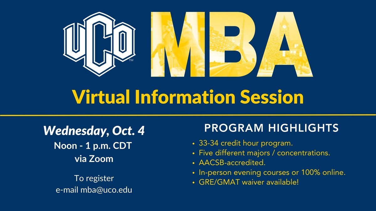 A UCO MBA can give you the leadership and managerial skills needed to thrive in today’s competitive job market and can be completed either in-person in Downtown OKC or 100% online. Learn how at our virtual information session at noon CDT Oct. 4! uco.zoom.us/meeting/regist… #UCOMBA