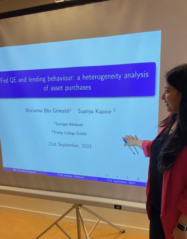 Supriya Kapoor (@supriyakapoor19) on Twitter photo Enjoyed presenting my recent work-in-progress “FED QE and lending behaviour: a heterogeneity anaysis of asset purchases” (jointly with Marianna Blix Grimaldi ) at <a href="/riksbanken/">Sveriges riksbank</a> economic seminar.
The working paper version of the research will be available soon.
<a href="/TCDBusiness/">Trinity Business School</a> Enjoyed presenting my recent work-in-progress “FED QE and lending behaviour: a heterogeneity anaysis of asset purchases” (jointly with Marianna Blix Grimaldi ) at <a href="/riksbanken/">Sveriges riksbank</a> economic seminar.
The working paper version of the research will be available soon.
<a href="/TCDBusiness/">Trinity Business School</a>