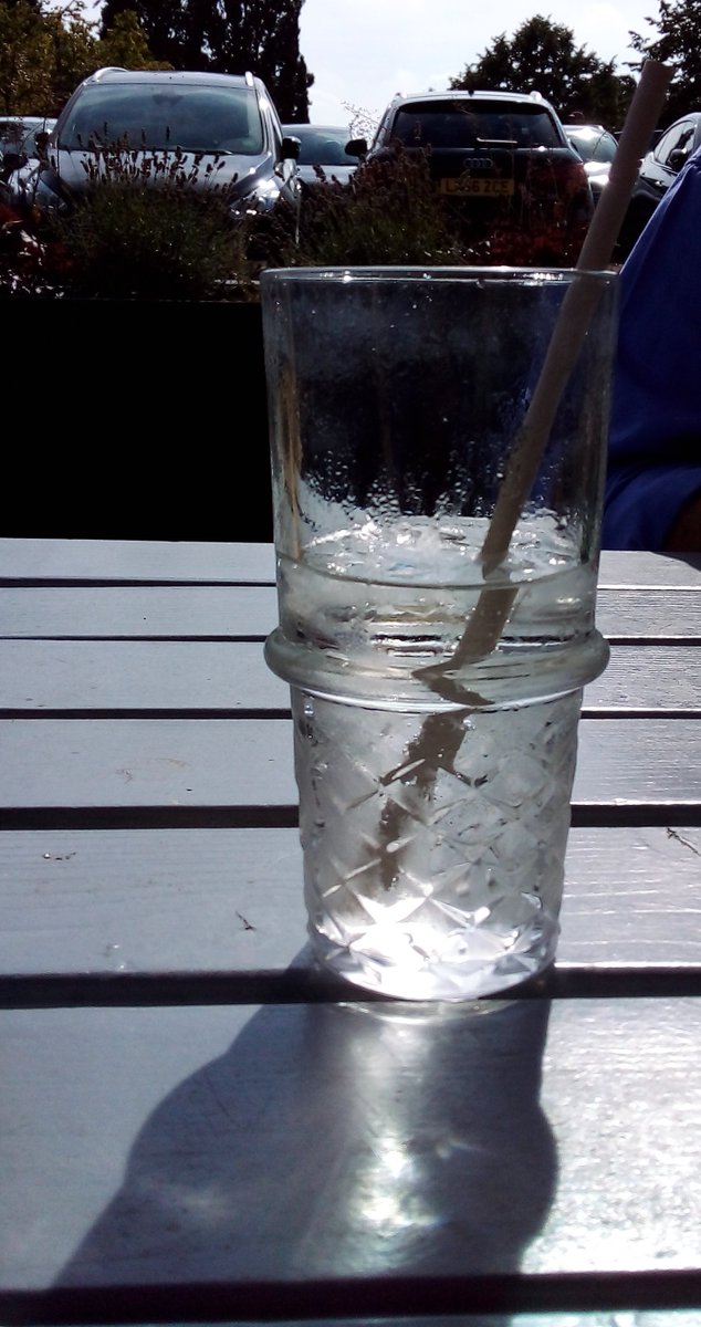 Everyday science: light refraction distorts the straw; sunlight reflection;  expression the sun's position ; caustic distortion within the shadow; CO2 bubbles clinging to the surface of the straw; condensation  &amp; gravitational force causing the droplets to run down the tumbler.