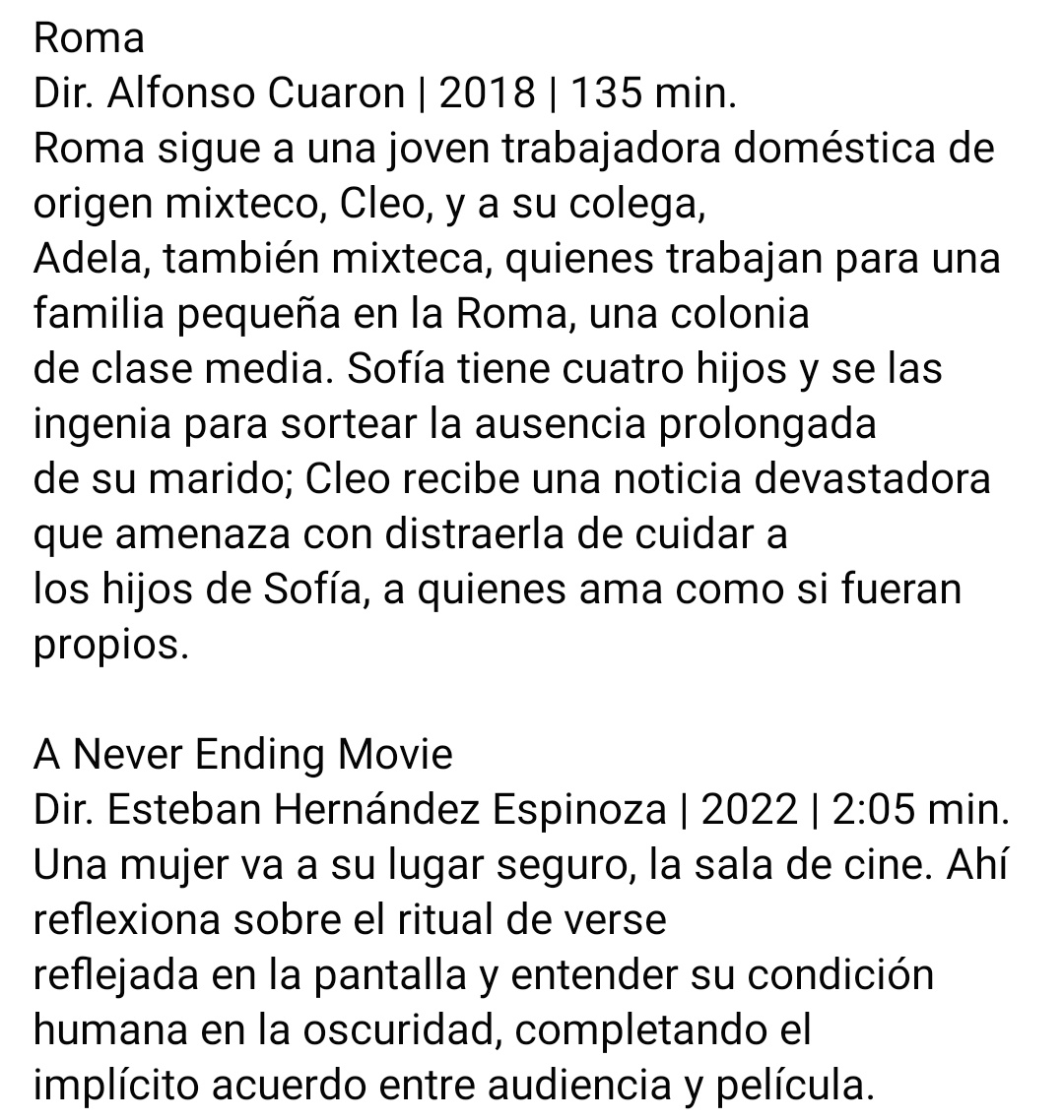#CineParaTodxs 2023 presenta: ROMA de Alfonso Cuarón y el cortometraje A NEVER ENDING MOVIE de Esteban Hernández Espinoza, en el Teatro Emperador Caltzontzin.

🗓️Viernes 22 de septiembre:
🕤7:30pm
🎟️ENTRADA GRATUITA
