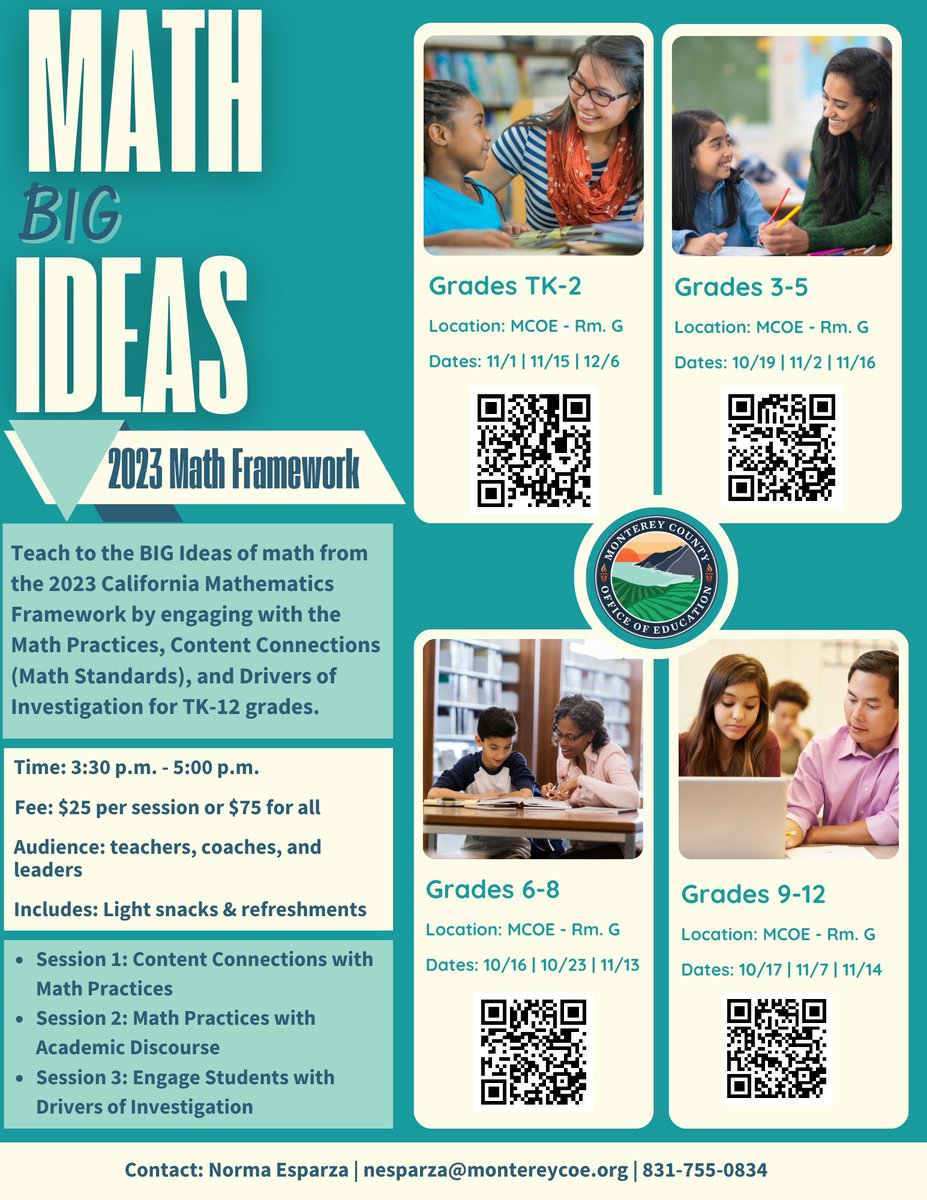 Join the #MCOE Math Big Ideas! We have scheduled 3 sessions open to TK-12 teachers, coaches, and leaders: 🔵 Session 1: Content Connections with Math Practices 🟢 Session 2: Math Practices with Academic Discourse 🟠 Session 3: Engage Students with Drivers of Investigation