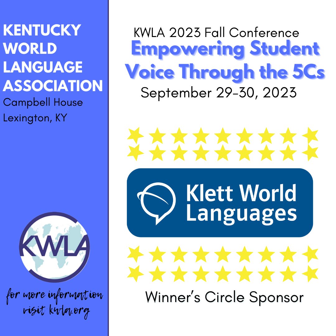 KWLAonline's tweet image. A big thank you to our Winner's Circle Sponsor, Klett World Languages!
Register at - kwla.wildapricot.org/event-5392758