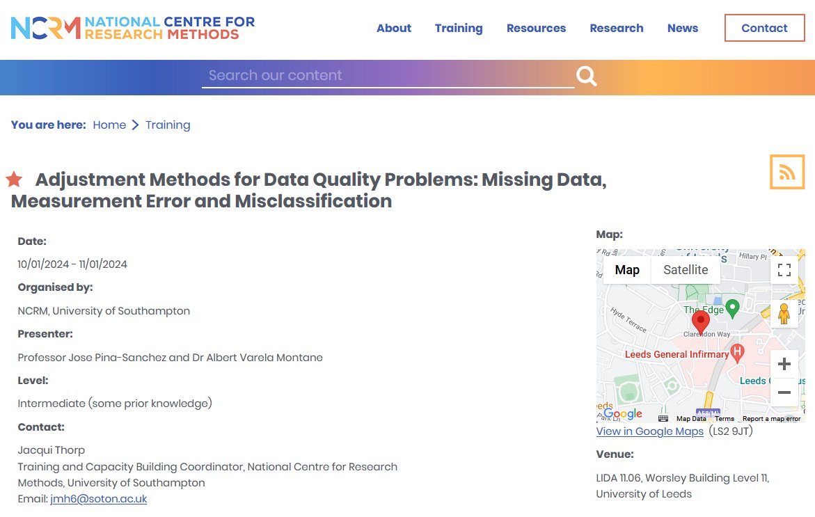 If you want to know more about... 'Adjustment Methods for Data Quality Problems: Missing Data, Measurement Error and Misclassification', join @bertvar and me in our 2-day @NCRM short course, the 10th and 11th of January at Leeds. ncrm.ac.uk/training/show.…