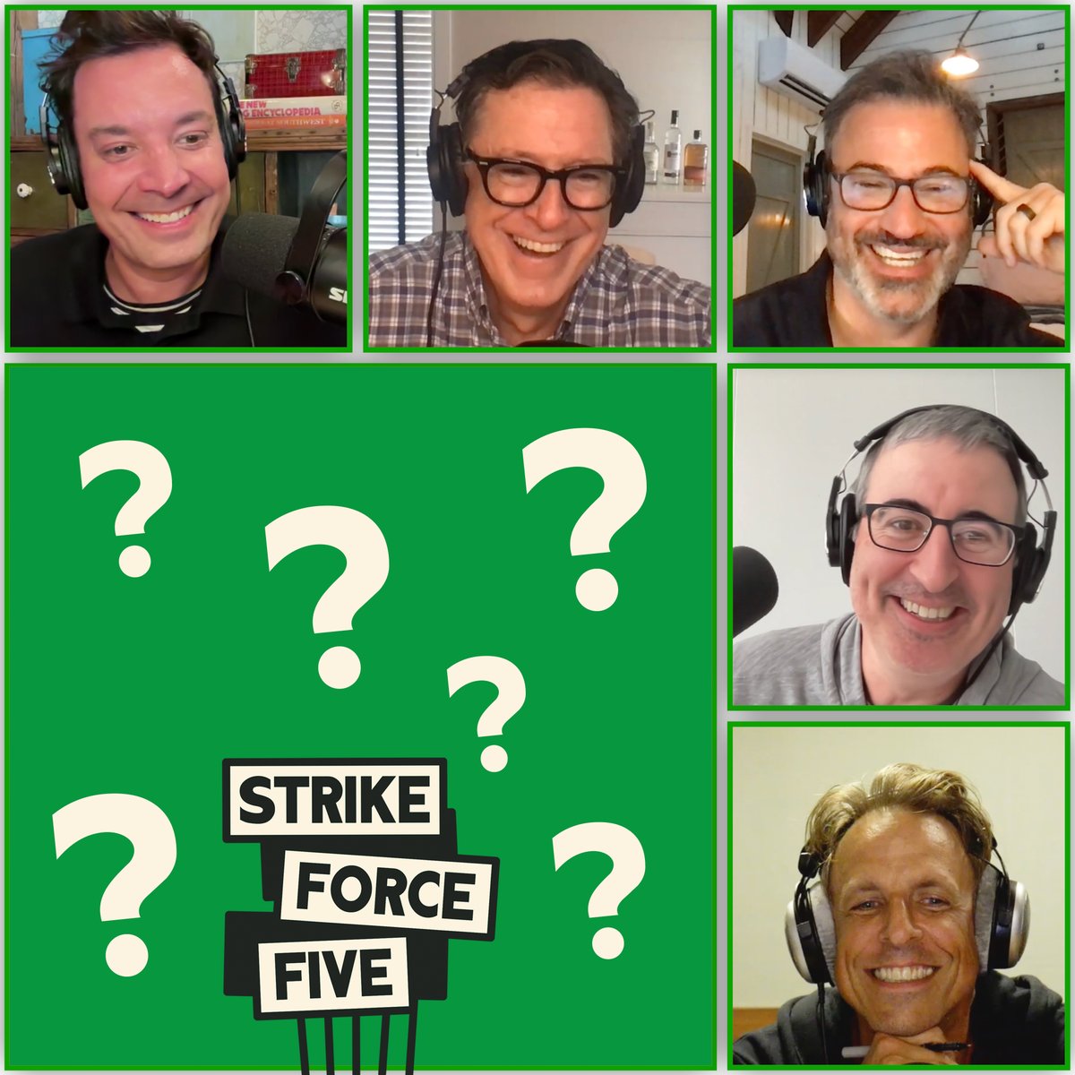 A new #StrikeForceFive drops at 9pm PT with a very special surprise guest! Any guesses? 🤔 @StephenAtHome @JimmyFallon @JimmyKimmel @SethMeyers @IamJohnOliver @SpotifyPodcasts