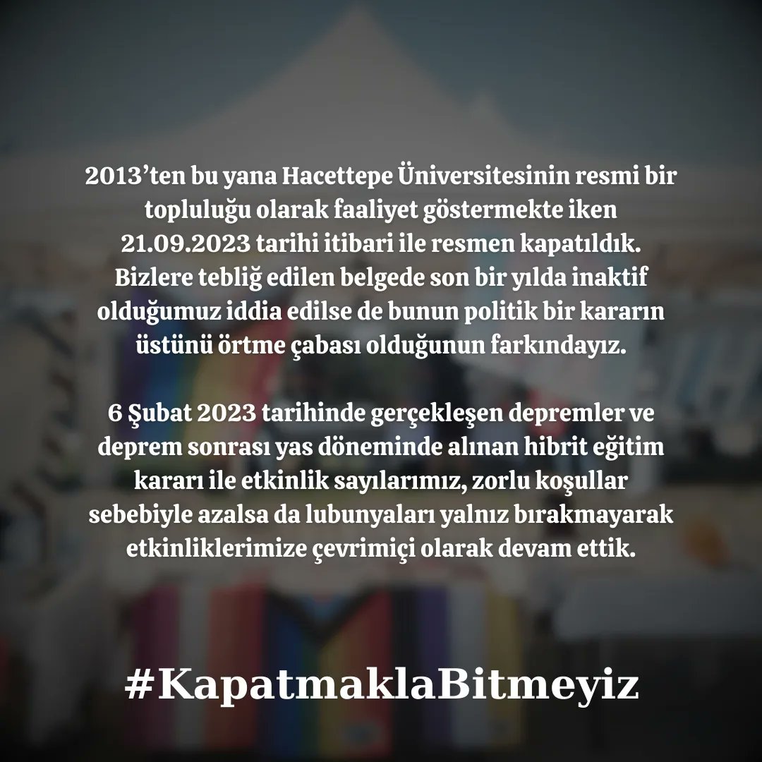 KAPATILDIK LUBUNYA!

Uydurma sebeplerle Hacettepe Rektörlüğü tarafından on yıllık topluluğumuzun kapatıldığını bugün öğrendik.

#KapatmaklaBitmeyiz