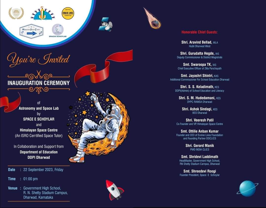 OttilieAnban's tweet photo. #SpaceESchoylar,#HimalayanSpaceCentre,#DepartmentofPublicInstructions, #EvolveLivesFoundation, #DDCLICS and others would like to invite you to the #Inaugural function of #Karnataka's 2nd #Space and #Astronomy #Lab at #Government High School, R.N.Shetty Stadium Campus, #Dharwad. https://t.co/FNQYBZI3Gd