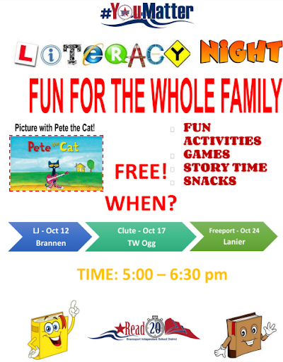 BrazosportISD's tweet photo. BISD Literacy Nights are coming to a school near you! Join us soon for a night of fun, activities, games, story time, snacks, and take a picture with Pete the Cat!
https://t.co/WFcGaVoyjC #Read20 #BISDfamily #YouMatter https://t.co/N5NVvsDlUR