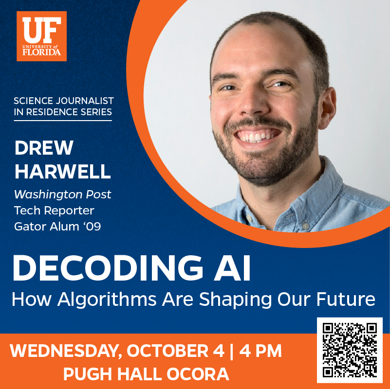 ChrisMoranIFAS's tweet photo. Excited for @washingtonpost #AI reporter @drewharwell to come to @UF as Science Journalist in Residence. He will deliver lecture and visit @UFCALS @UFAEC class during his week here. https://t.co/ZVuTZNfBtk