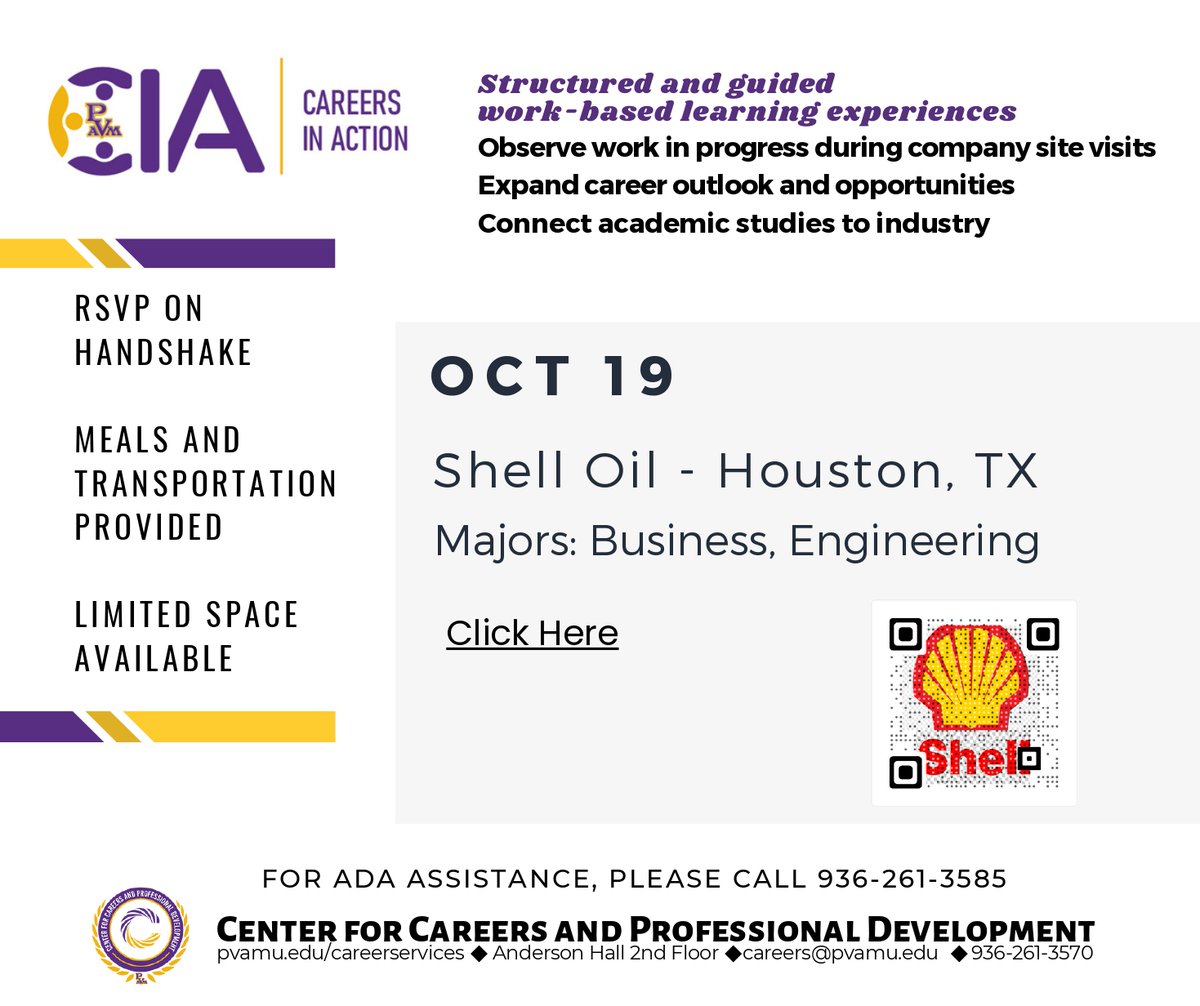 CIA Presents: Company Visit to Shell Oil! 
OCT 19 
Shell Oil - Houston 
Majors: Business, Engineering 
RSVP on HANDSHAKE!