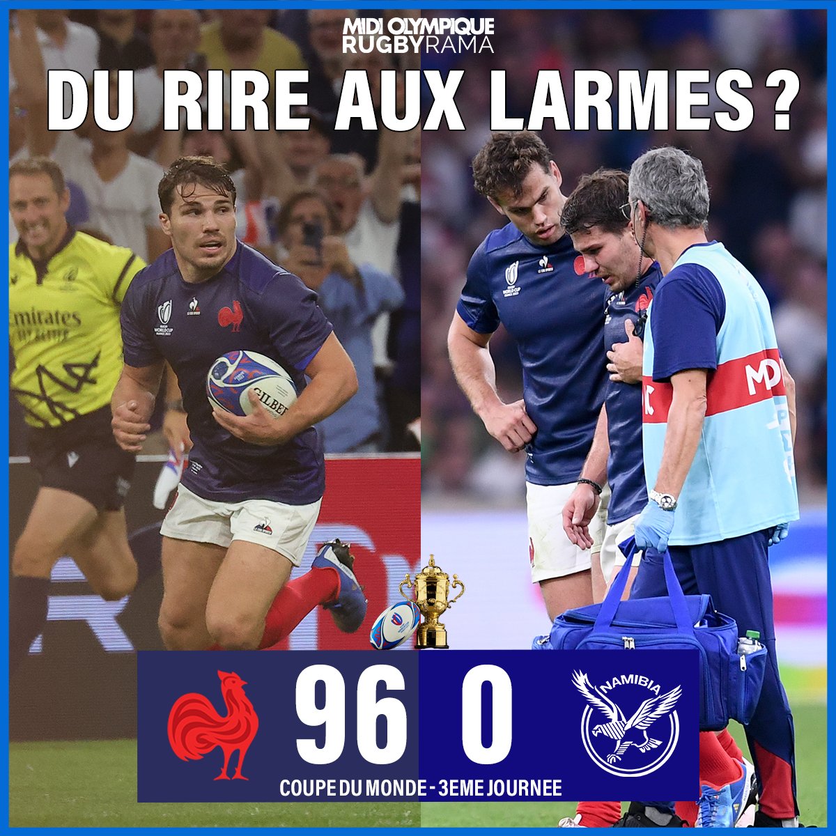 Les Bleus ont récité leur rugby face à la Namibie mais le score est vite devenu anecdotique après la sortie inquiétante du capitaine Dupont...

#FRANAM #FRAvNAM #RWC2023