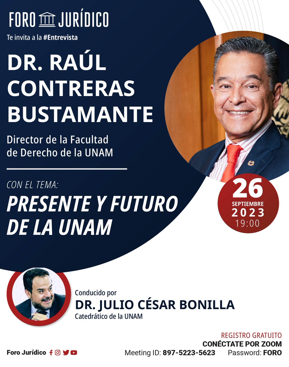 <a href="/UNAM_MX/">UNAM</a> es la 🥇 en el país y 93 a nivel global (ranking QS2024) ¿Qué hacer para mantener su liderazgo? 

#IMPERDIBLE plática de <a href="/JulioCBonillaG/">Julio César Bonilla Gutiérrez</a> con <a href="/RaulContrerasMx/">Raúl Contreras</a>  <a href="/DerechoUNAMmx/">Facultad de Derecho</a>

📅MARTES 26 DE SEPTIEMBRE ⏰7PM
Registro gratuito👉us02web.zoom.us/webinar/regist…
También Facebook Live