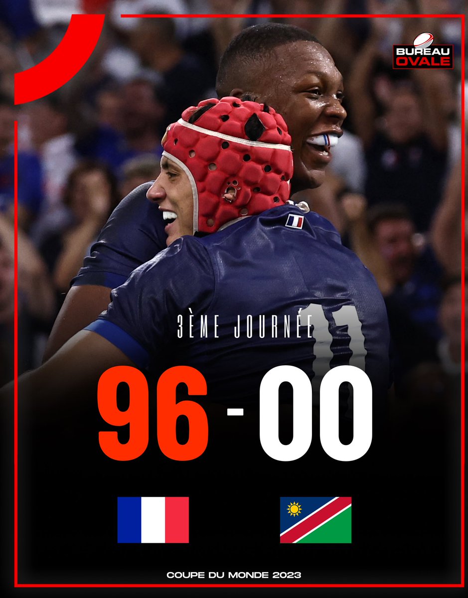 BureauOvale0's tweet photo. 𝗩𝗜𝗖𝗧𝗢𝗜𝗥𝗘 𝗛𝗜𝗦𝗧𝗢𝗥𝗜𝗤𝗨𝗘 𝗗𝗘𝗦 𝗕𝗟𝗘𝗨𝗦 😍🇫🇷

La France s’impose 96 - 0 face à la Namibie et réalise son plus grand écart de point sur un match de Coupe du Monde ! 👏

Inquiétude autour d’Antoine Dupont...🤕 https://t.co/ny8fEDk4eP
