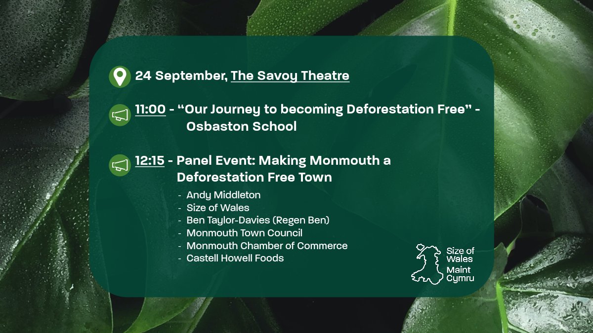 💚ACE Festival, Monmouth🏴󠁧󠁢󠁷󠁬󠁳󠁿 📍Join us this Sunday 24 at the Savoy Theatre 📢11am - A Deforstation Free journey with @osbastonciw 📢12.15pm - Panel discussion on Monmouth becoming the world's first #DeforestationFree Town with @gringreen @castellhowell @MonChamber @bentd76!