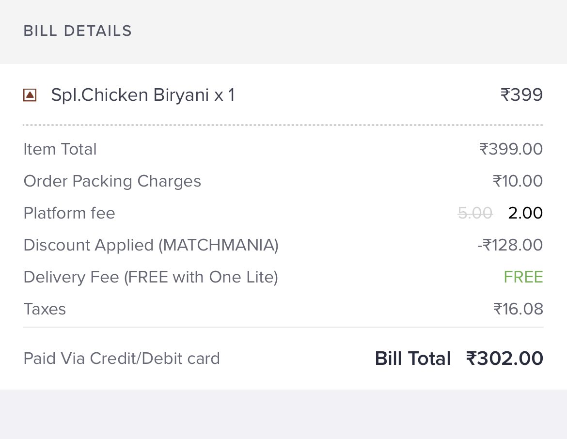 Glokeswar's tweet photo. @deepakshenoy @Swiggy Same here, sum amounts to 299.08. But charged 302 @Swiggy https://t.co/m75NSENRgX
