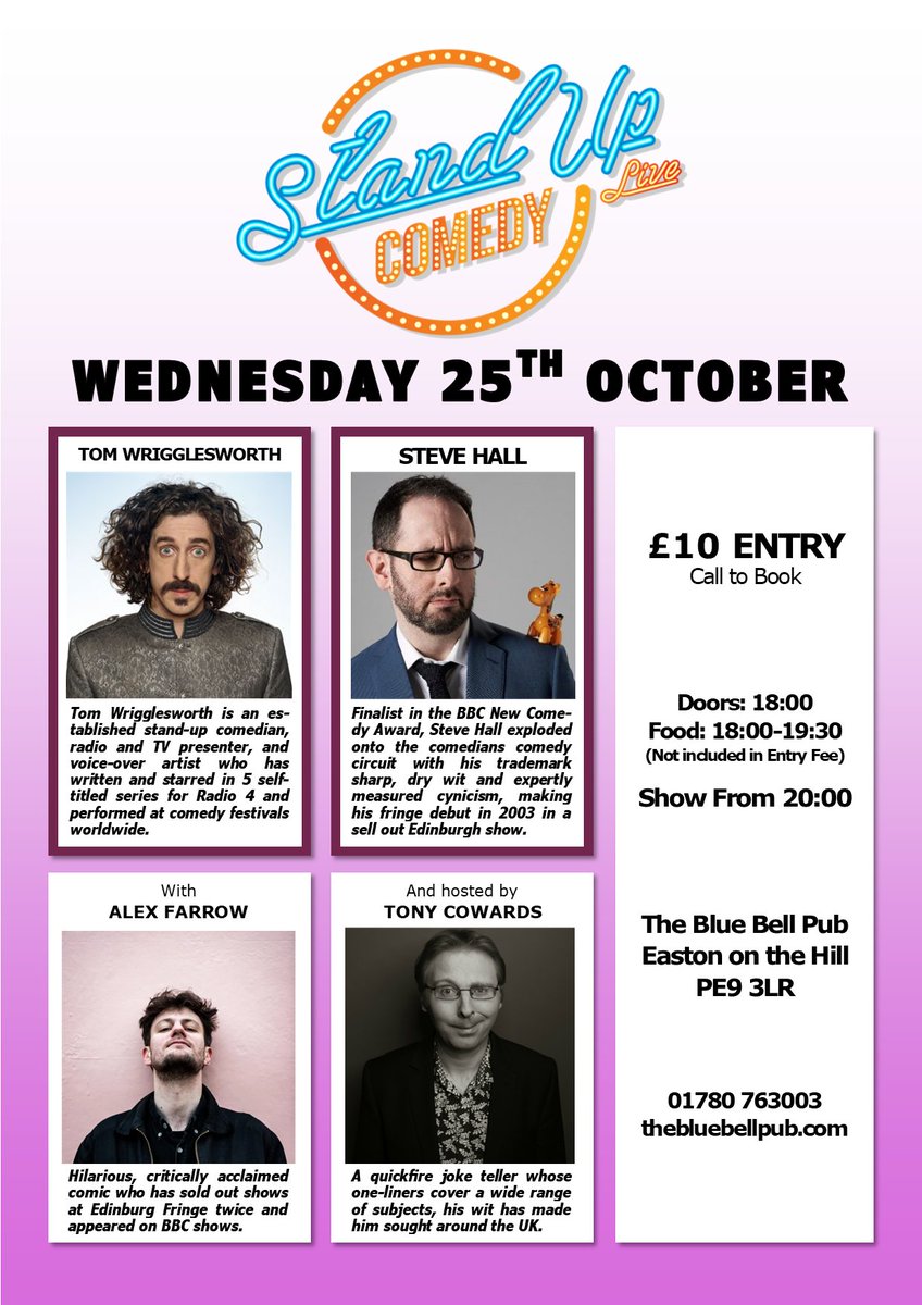 🎤 Live Standup Comedy Night 🎤

🗓️ Wednesday 25th October
🎟️ Tickets on sale now - £10pp
📞 Call to book
📌 Or pop in anytime
