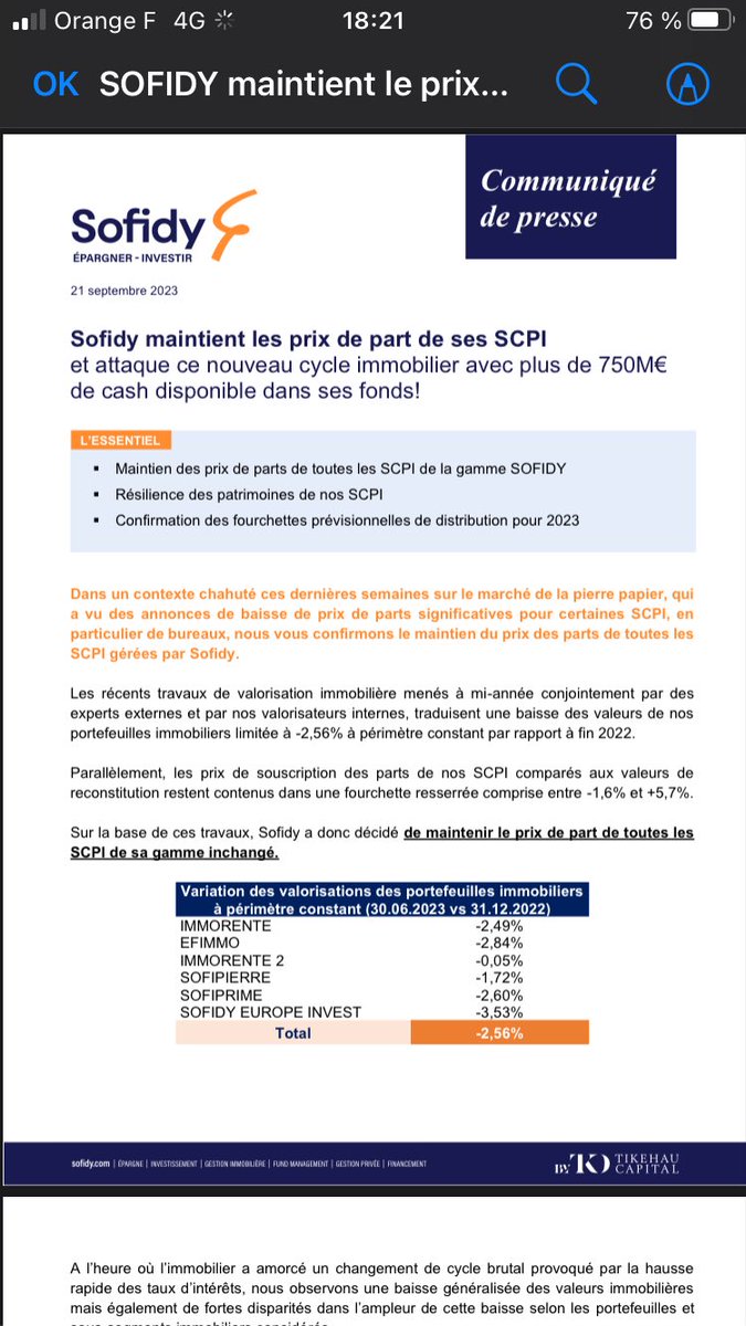 #immobilier #SCPI Dernier « gros » acteur à communiquer, <a href="/sofidy/">Sofidy</a> (groupe <a href="/TikehauIM/">Tikehau Capital</a>) annonce un maintien du prix de part de toutes SCPI.  Les valorisations sont stables ou en baisse jusqu’à 3,53%