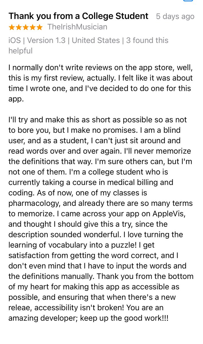 klemensstrasser's tweet photo. Reviews like this are why I love making apps! 

Read through this awesome review by a blind Study with Subwords user.
#a11y #iosdev #indiedev https://t.co/GzgqtncM6I