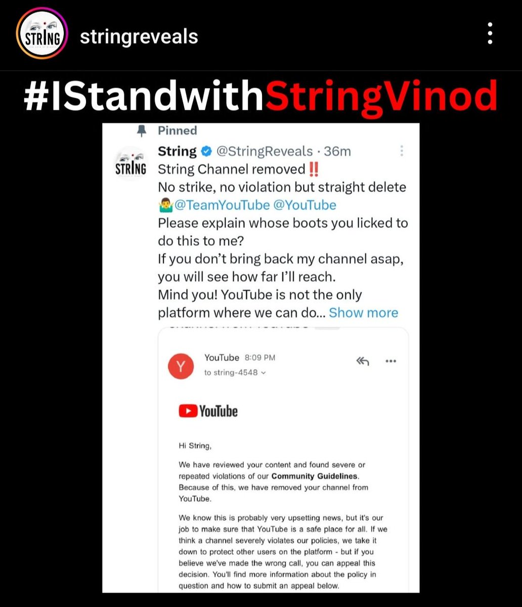 dharmeshsanatan's tweet photo. #ShameOnYouTube
#istandwithstringvinod 

@YouTubeIndia  is promoting librandu culture and deleting channels which is bringing facts at front. 

@StringReveals we are with you brother 🙏 https://t.co/dkTPZATmXS