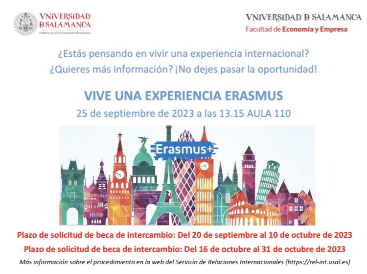 ✈️¿Quieres vivir la experiencia + #apasionante de tu vida? ¿Eres #estudiante de <a href="/EconomiaUsal/">Economía y Empresa</a>? Si es así, estás de🍀. Tu #facultad te abre las🚪🚪a un🌏lleno de #oportunidades. 

¡No te puedes perder #ViveUnaExperienciaErasmus el 25 a las 13:15 en aula 110!

#Internacionalizate✌️