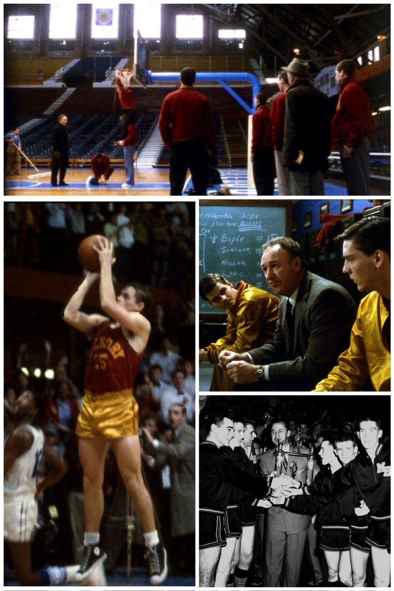 Best basketball movie of all time #Hoosiers is based on the real life story of the “Mighty Men of Milan” who won the state title in ‘54 at iconic Hinkle Fieldhouse—where the final scenes were filmed.  #BasketballCathedral🏀⛪️