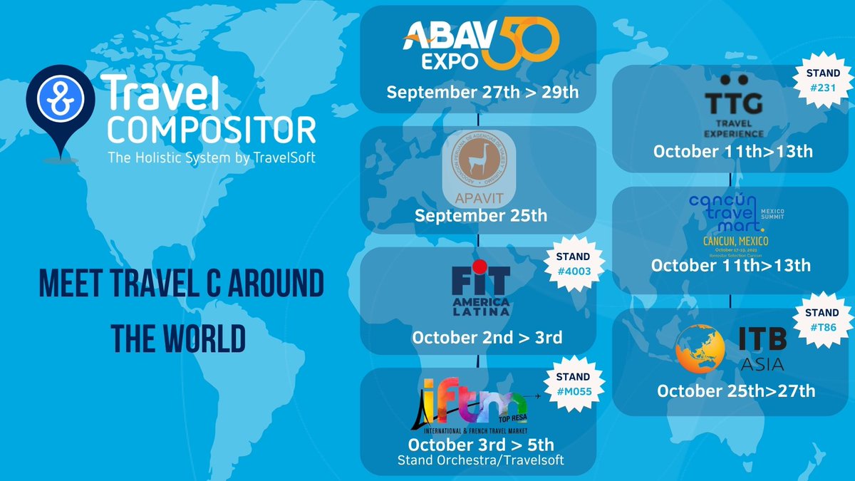 TravelC_online's tweet photo. In which continent do you want to meet Travel Compositor? 🤜 🤛
Find us this late September &amp; October in the following tourism fairs: 

Take advantage and book your appointment to discover everything we have to show you about the most revolutionary #TravelTech on planet earth! 🚀 https://t.co/CWYNZAexFk