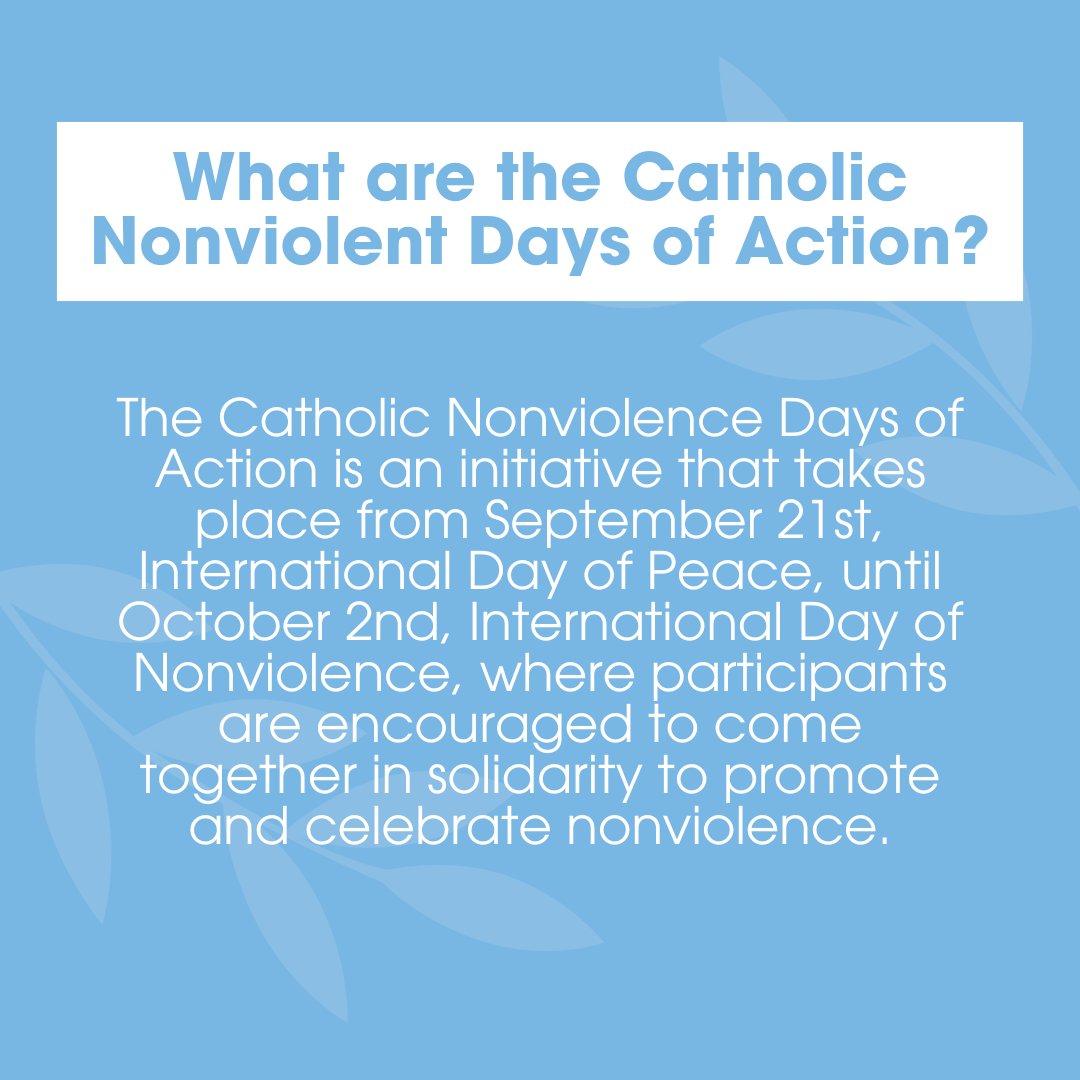 CathNonviolence's tweet photo. The #CatholicNonviolenceDaysOfAction is an initiative that takes place from September 21st to October 2nd where participants are encouraged to come together in solidarity to promote #nonviolence.
Swipe to learn how you can take part, visit https://t.co/sS5uPlYact
#PracticePeace https://t.co/rP8qX6Yyz7