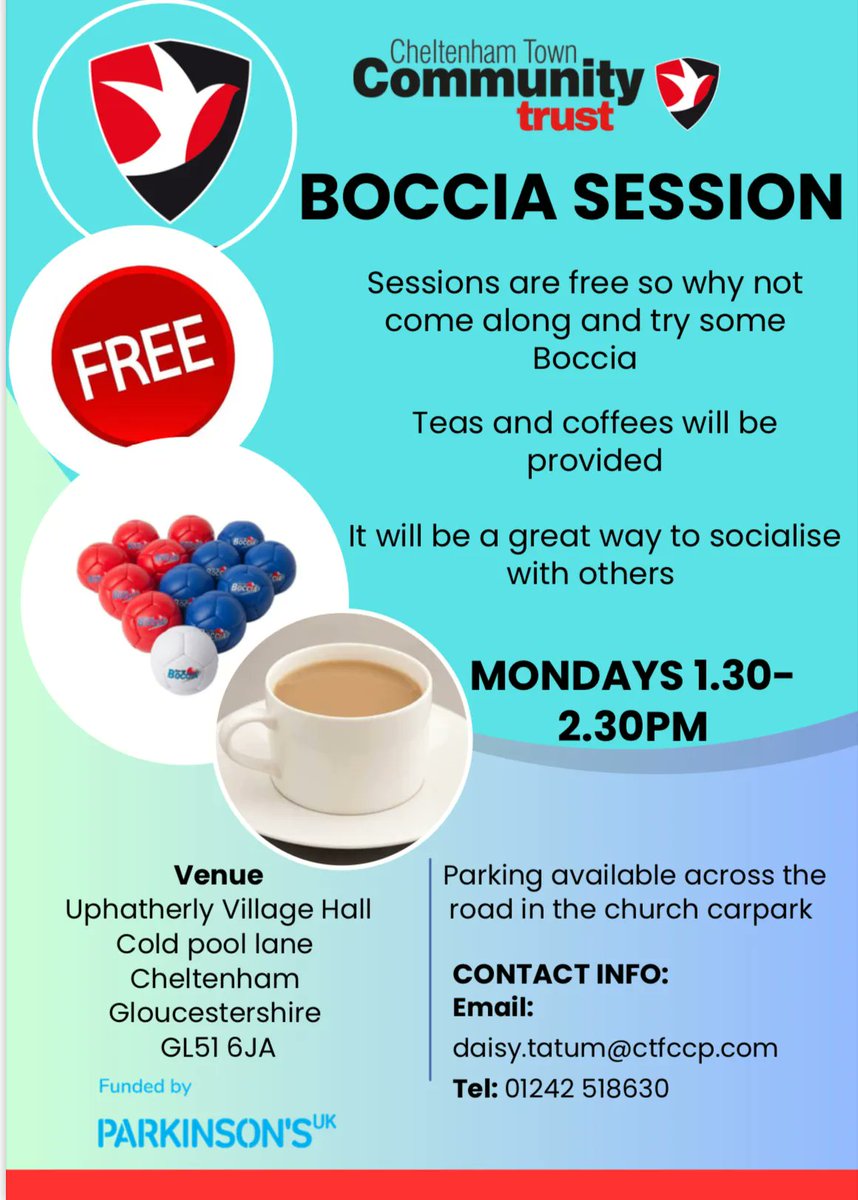 Our weekly Boccia sessions at Up Hatherley Village Hall are FREE to attend ☕️

Come along to try some Boccia with tea and coffee provided ⬇️

Email daisy.tatum@ctfccp.com to find out more and book a space 

#ctfc♦️ | 
<a href="/ParkinsonsUK/">Parkinson's UK</a>
