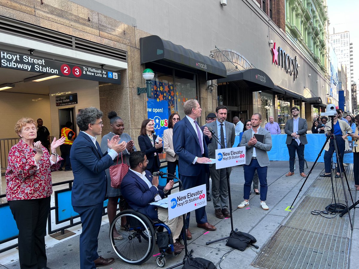 We're at the #FultonMall entrance of the Hoyt St. subway station with @MTA CEO Janno Lieber + Chief Accessibility Officer @QuemuelArroyo, @Macys Downtown Brooklyn, @LincolnRestler, and DBP President @ReginaMyer, to celebrate the new, accessible(!), entrance.