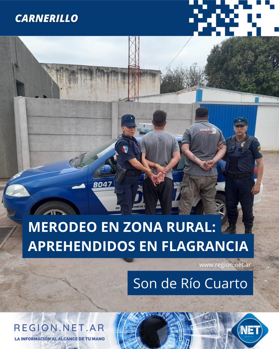 RegionNET_ar's tweet photo. MERODEO EN ZONA RURAL: APREHENDIDOS EN FLAGRANCIA 🚨 Carnerillo - Los detenidos son de Río Cuarto

https://t.co/GXbUpCbZ1U
________
📱 #RegionNET | @RegionNET_ar
💻 https://t.co/ViCf1kkGYv
🔎 Guía comercial, 📻 Radio web, 🎮 juegos
_ #robo #gralcabrera #zonarural #generalcabrera https://t.co/Q3wJRMG7KO