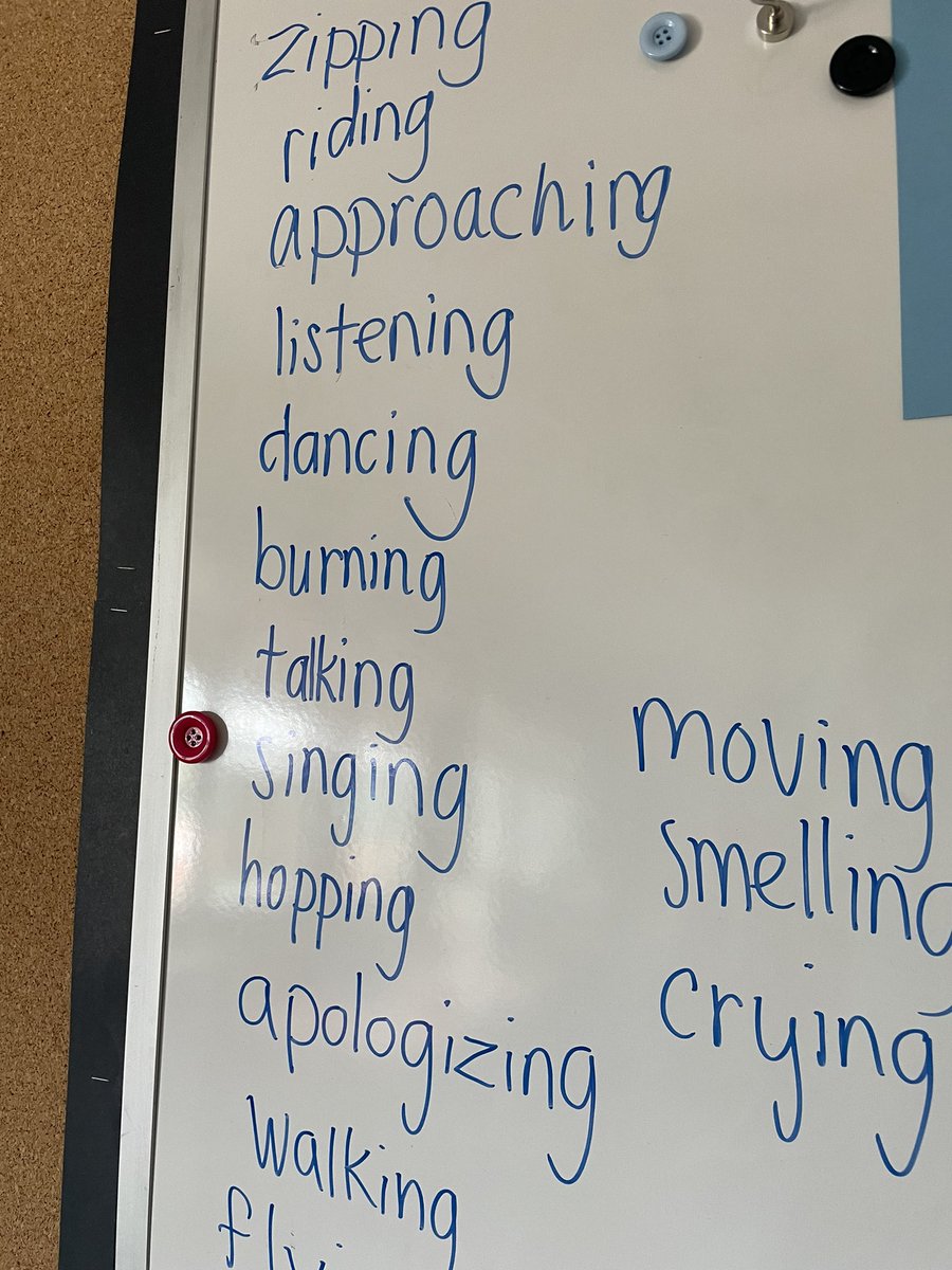 Today we reviewed/formalized the suffix -ing. (Some students noted that we were also reviewing verbs!) We watched the trailer for the movie Elemental and listed all of the things we saw characters doing. #morphology #OntEd