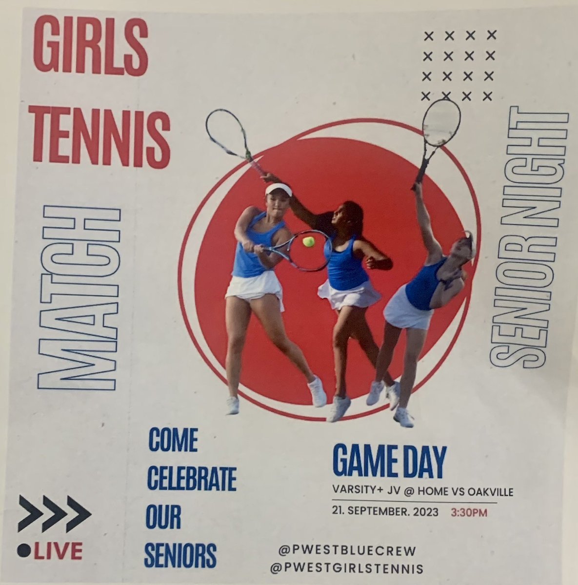 Come celebrate our seniors at 3pm today at the courts! Congrats to our 6 seniors on a successful 4 years. 👏🏼🎾🎉