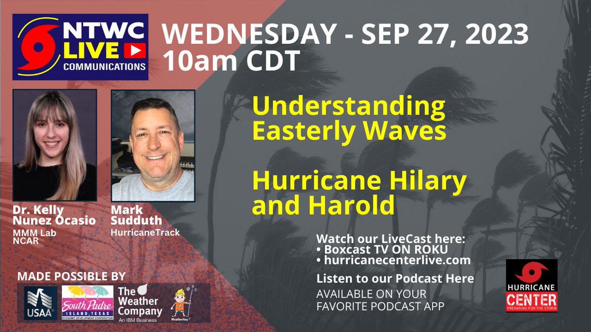 Digging into Easterly waves and following up on Harold and Hillary.  Join us for NTWC Live! Watch here: bit.ly/HurricaneCente…
Listen here: bit.ly/3ilSuS7
Subscribe here: bit.ly/NTWCLive <a href="/USAA/">USAA</a> @VisitSouthPadre <a href="/weathercompany/">Forecaster</a> <a href="/theWeatherboy/">the Weatherboy</a> <a href="/hurricanetrack/">Mark Sudduth</a>