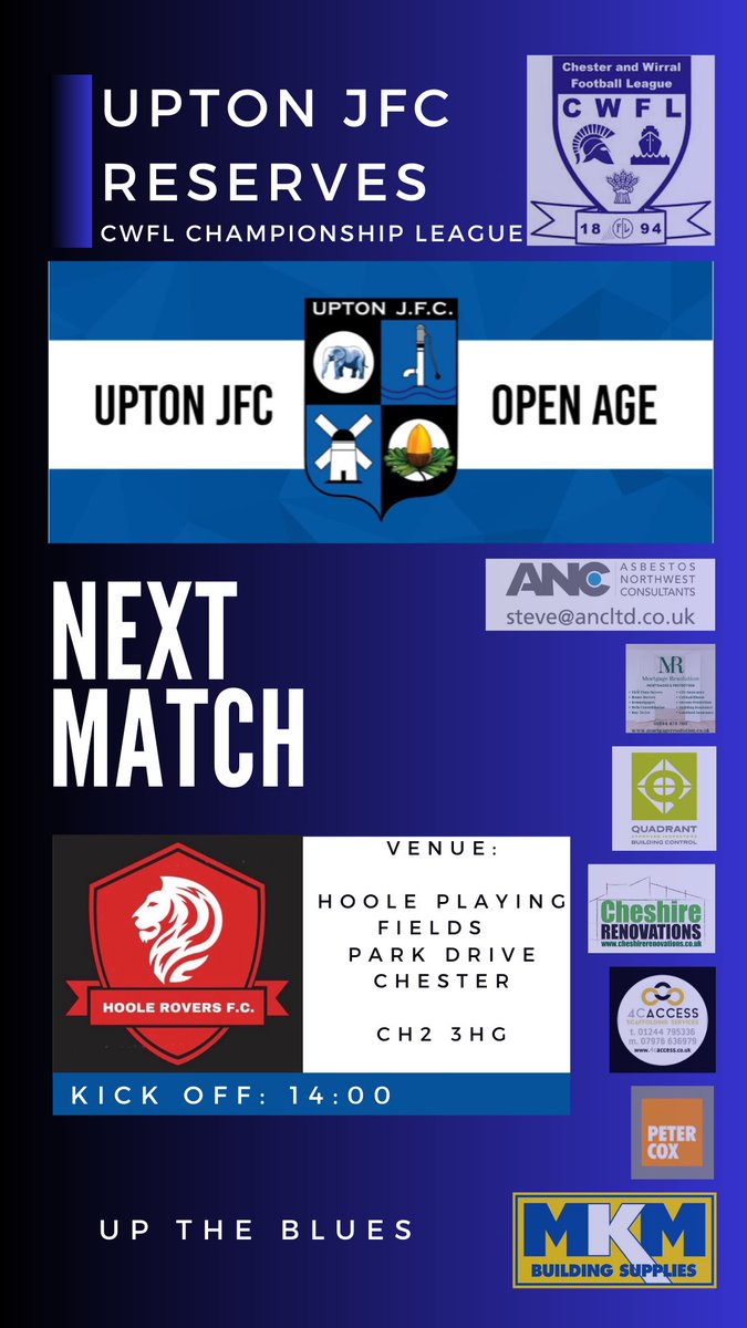 🔵⚫️⚪️

Upton JFC Youth/Reserves 

🆚 Hoole Rovers FC
⚽️ <a href="/CWFL_Info/">CWFL</a> 
🏟️ CH2 3HG 
🗓️ 23/09/2023
⏰ 14:00

The lads look to continue their quality form. Any away support is always appreciated 👍🏻