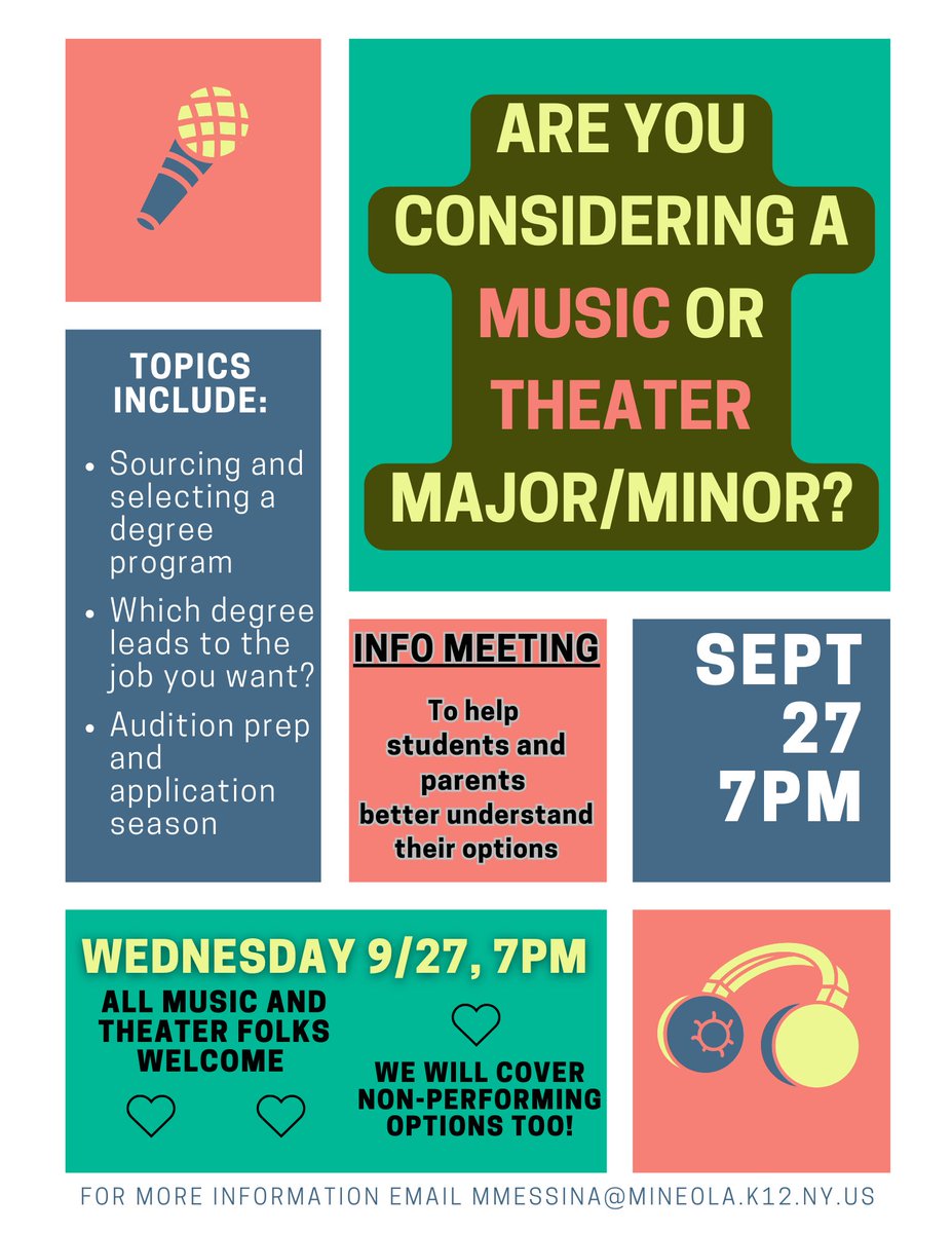 Next week!! Parents and students welcome!
🎭 🎶 
<a href="/mineolahs/">Mineola High School</a> <a href="/MineolaGuidance/">Mineola Guidance</a>  <a href="/mineolatheatre/">Mineola Theatre</a> <a href="/MineolaMusicArt/">Mineola Music & Art Parents</a> <a href="/MineolaFineArts/">MineolaFineArts</a>
