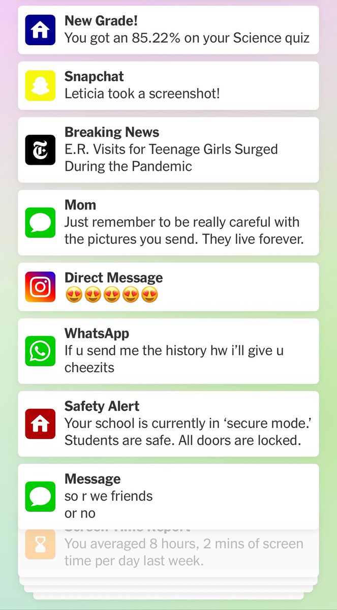 Quite a visual to open up the <a href="/nytimes/">The New York Times</a> story on being a 13-year-old girl. I’m glad they included school notifications

Receiving grades and alerts from school at all hours is part of young people’s lives &amp; a demand on their attention that a lot of us older gens didn’t experience