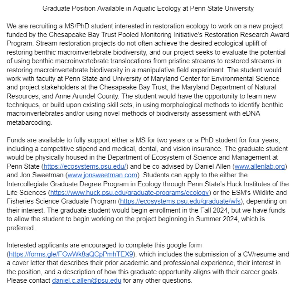 @jonsweetman and I are recruiting a grad student interested in stream restoration ecology to begin in 2024. See details below, and if you are interested complete this form: forms.gle/Zwe4ceXqteKyGd…. @PSUecosystems @huckinstitutes. Please RT!