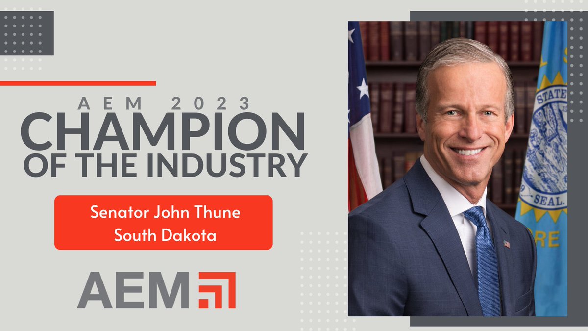 AEMAdvocacy's tweet photo. Thank you, @SenJohnThune, for demonstrating the courage to pursue common ground and bold solutions to our nation’s toughest challenges. The equipment manufacturing industry is honored to recognize you as a 2023 Champion of the Industry. #AEMFlyIn https://t.co/1k2LzBjqGC