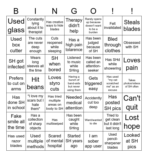 darcy_shtwt's tweet photo. Self-harm bingo!! Extended version
(I made it so pls give credit) https://t.co/HyfLVbi4WF