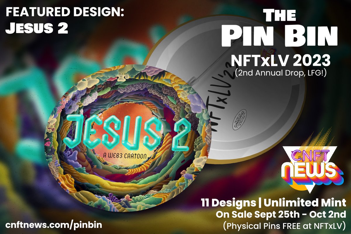 cNFTnews's tweet photo. 🎉THE PIN BIN REVELATIONS👁🗨
With #NFTxLV and #PinBin just around the corner, we're revealing which legendary #nft projects can be pulled in this year's mint! Today's Pin Preview is📷
👀@Jesus2Rises👀
Only true sick freaks can pin this to their lapel in good conscience!
#cnft https://t.co/NEQGQx81Nl